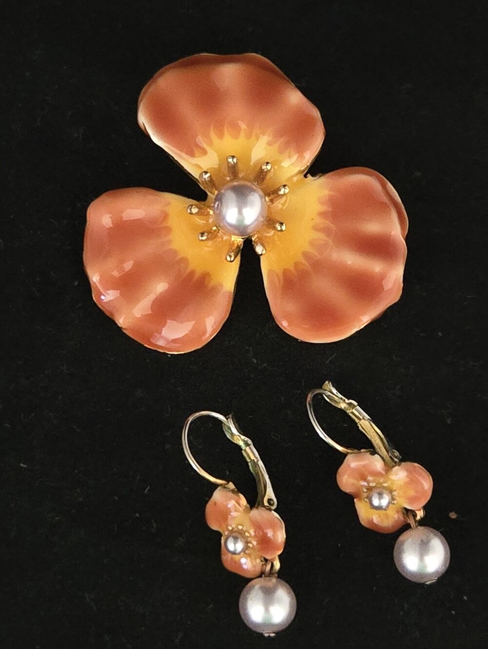 Laila Rowe Enamel Painted Orange Yellow Flower Pearl Pendant Brooch Earrings